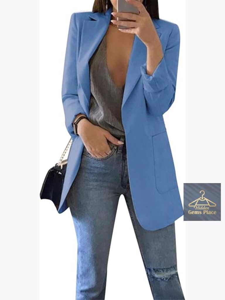 Open Front Lapel Blazer With Pockets Long Sleeve Work Jacket